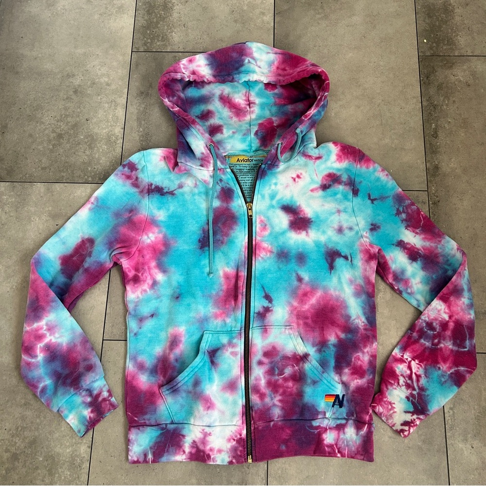 Aviator Nation Multi pink blue hand tie dye zip hoodie M
